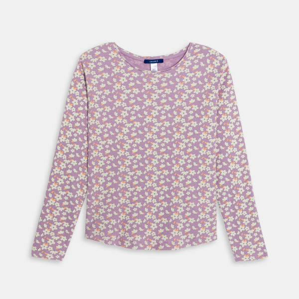 تيشيرت مضلع وبرسوم باللون الأرجواني للفتيات.